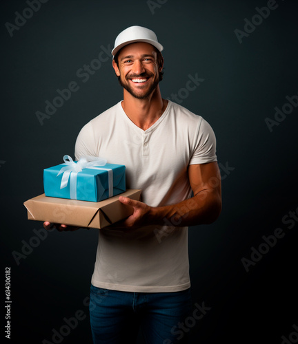 hombre sonriente entregando cajas de regalos, con una camiseta y una gorra blanca, mirando a la cámara