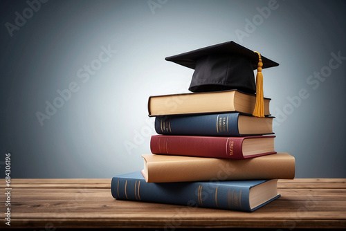 Graduation cap on stack of books. Education concept. photo