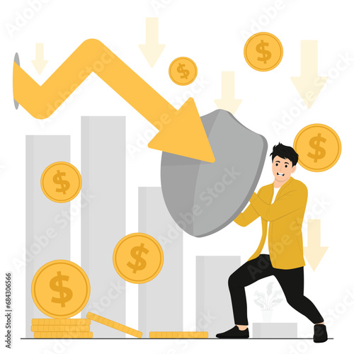 Flat vector businessman holding shield defending from financial crisis, Business insurance template 