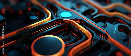 Futuristic 3D abstract background with vibrant hues and technical elements.