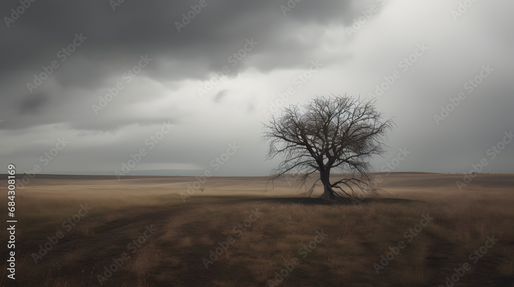 Solitary Vigil: A Lone Leafless Tree Under a Brooding Sky in a Vast Open FieldAI generativ