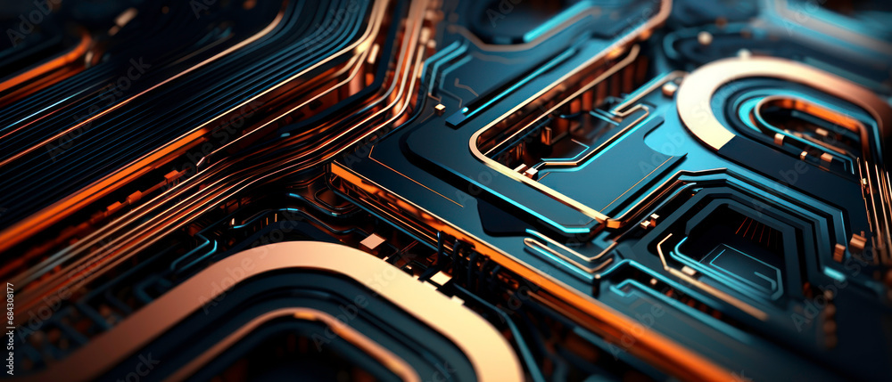 Futuristic circuit board close-up with vibrant blue and orange lines.