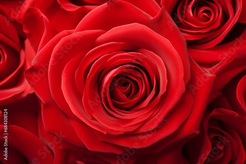 Red roses, background with flowers, close-up view from above.