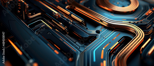 Futuristic circuit board close-up with vibrant blue and orange lines.