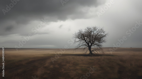 Solitary Vigil  A Lone Leafless Tree Under a Brooding Sky in a Vast Open FieldAI generativ