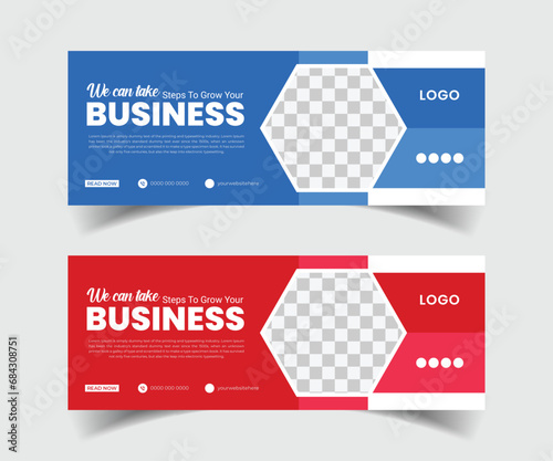 Expert corporate Facebook cover page timeline web banner template including a photo area in a contemporary white backdrop layout with a vibrant red and blue shape and font design