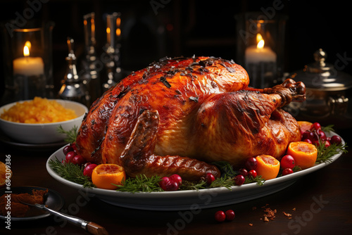 Whole Christmas roast turkey on the holiday table. Generative AI.