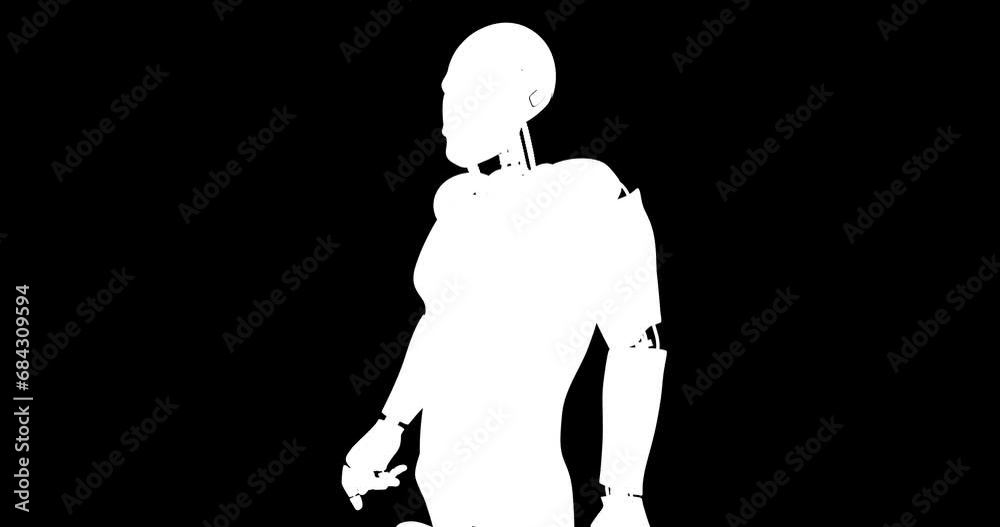 AI Futuristic Robot Looking And Turning Back. Alpha Channel. Technology Related 3D Animation.
