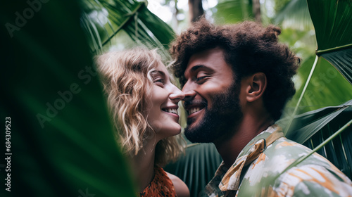 Medium close-up of young man and woman in love spend vacation travel together in the jungle on summer day