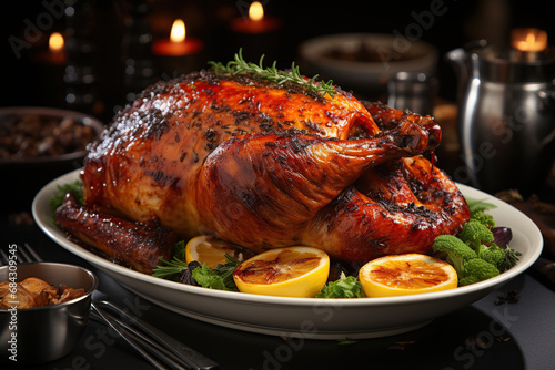 Whole Christmas roast turkey on the holiday table. Generative AI.