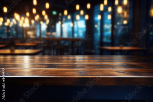 A empty wooden dark table, elegant bar in the background.