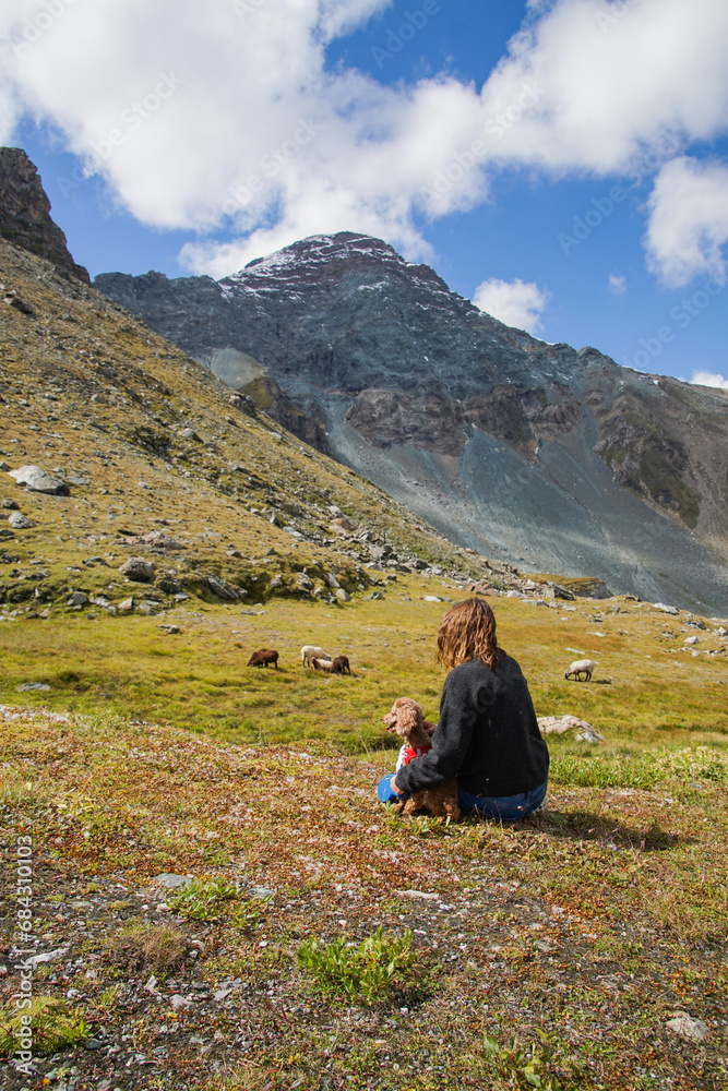 woman sits with her brown dog in the grass and enjoys the view over the alps