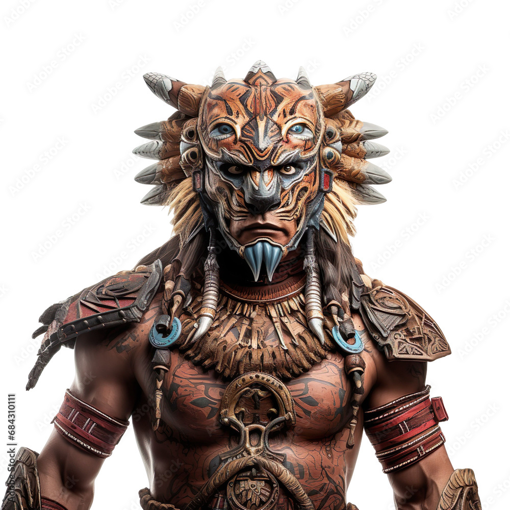front view mid shot of a male Mayan Jaguar warrior isolated on a white transparent background 