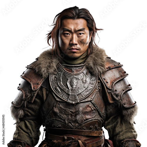 front view mid shot of a male Mongolian warrior isolated on a white transparent background 