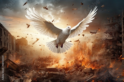 White dove as a symbol of peace flying against the backdrop of fire and explosions. © Simon