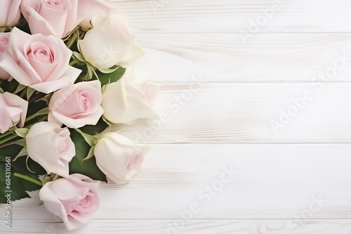 Greeting card for wedding with frame of white and pink roses  on white wooden background. Copy space © Neira