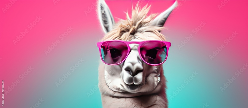 Portrait of a funny Llama with glasses isolated on yellow background