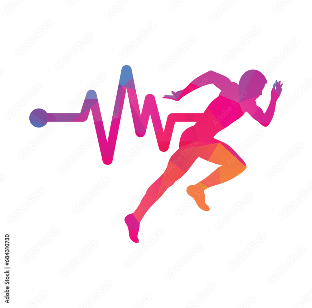 Pulse marathon logo design icon vector. Body Health Care Logo Design. Running man with line ecg heartbeat icon.