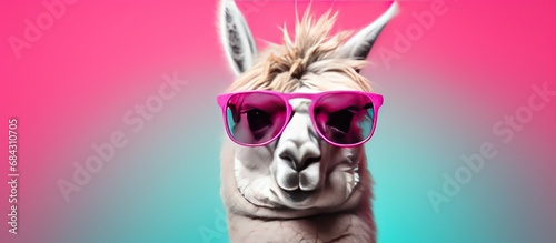 Portrait of a funny Llama with glasses isolated on yellow background © artpray
