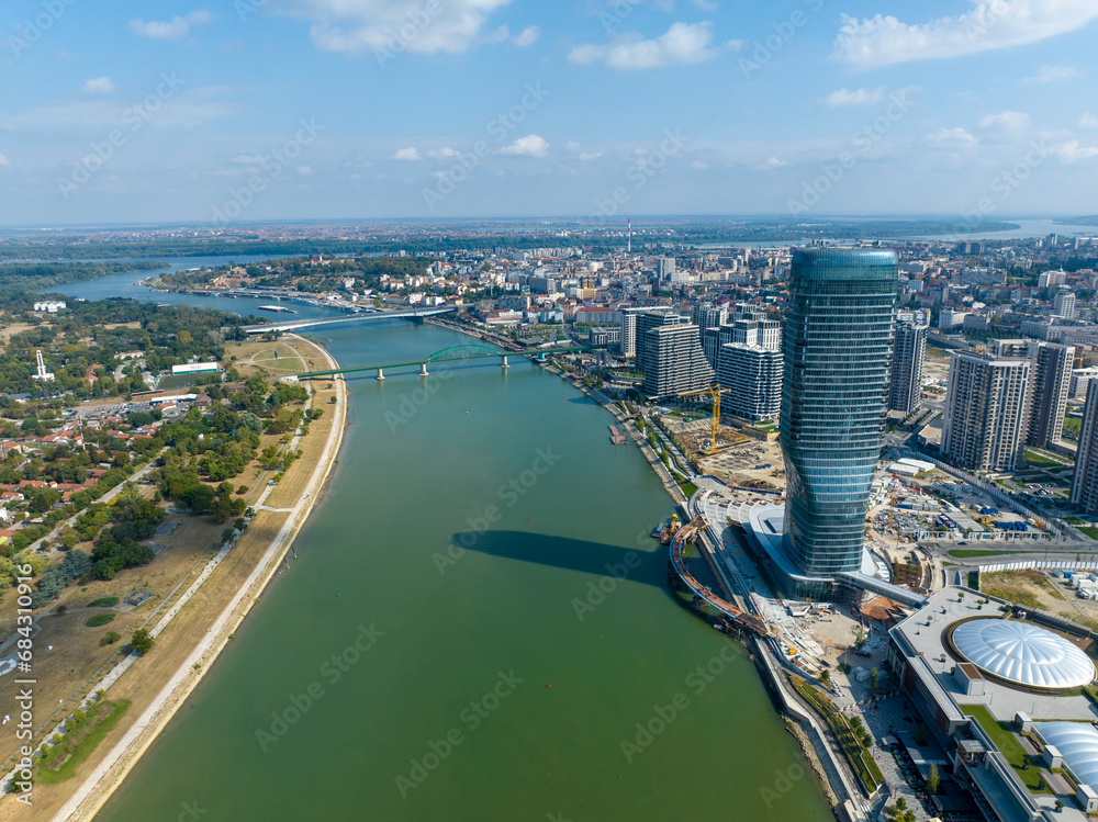 Panoramic view of Belgrade Waterfront, Sava River, Belgrade Tower