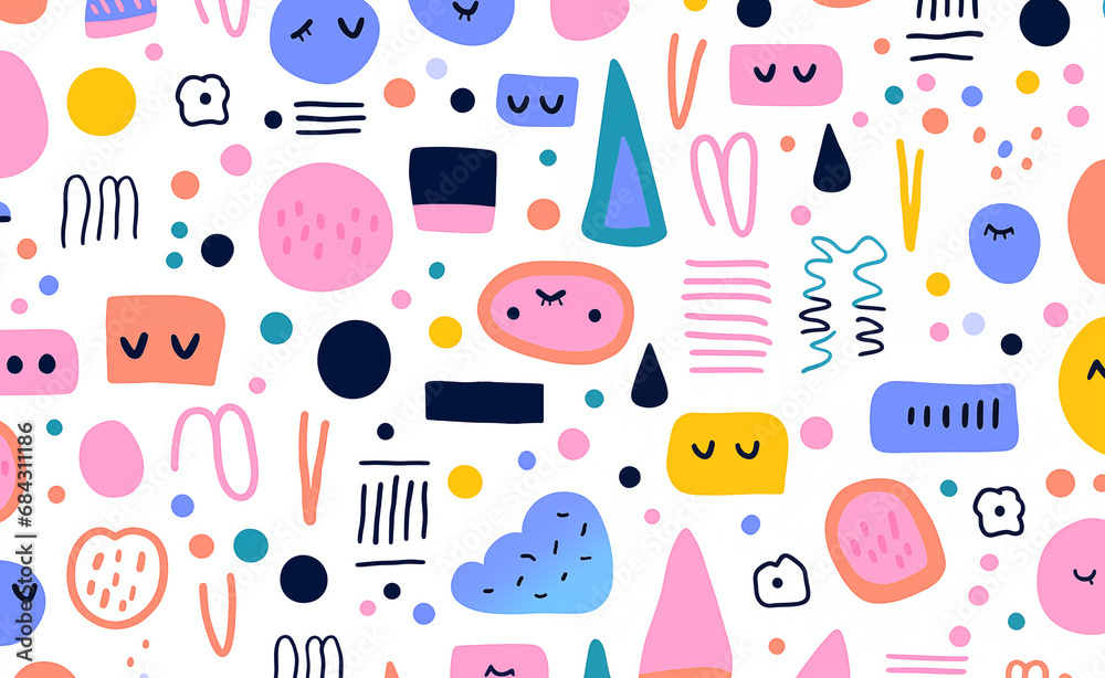 Cute and fun children's cartoon abstract minimalist doodle featuring lines and geometric shapes.