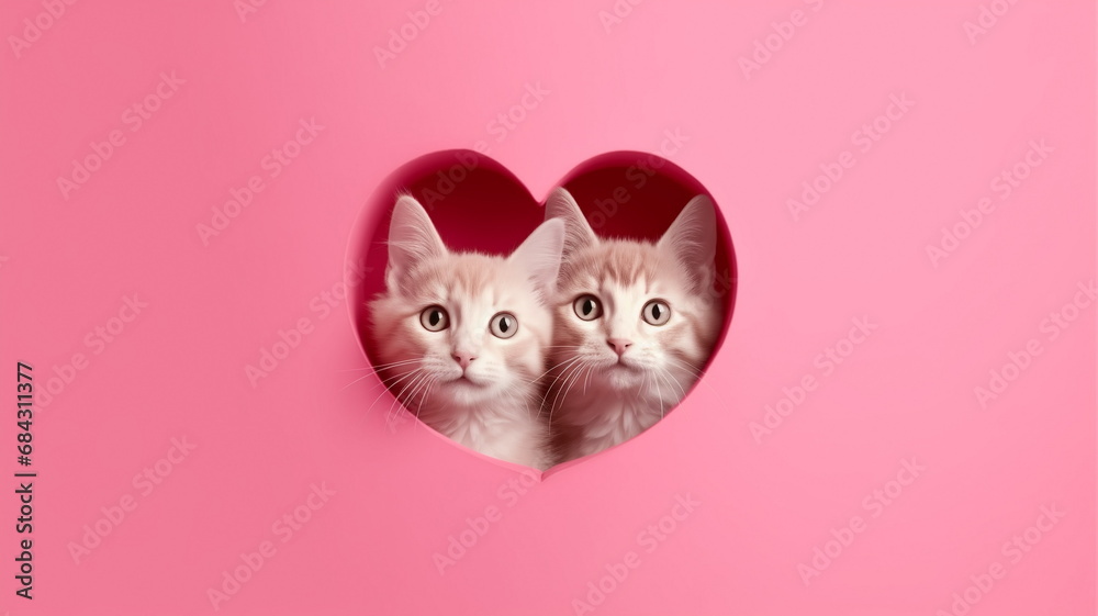 Two cute cats or kittens peeking out from hole of heart shape isolated on pink background. Copy space - obrazy, fototapety, plakaty 