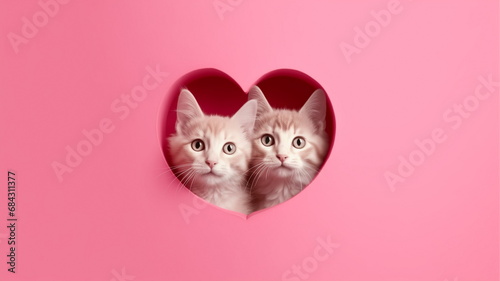 Tela Two cute cats or kittens peeking out from hole of heart shape isolated on pink background