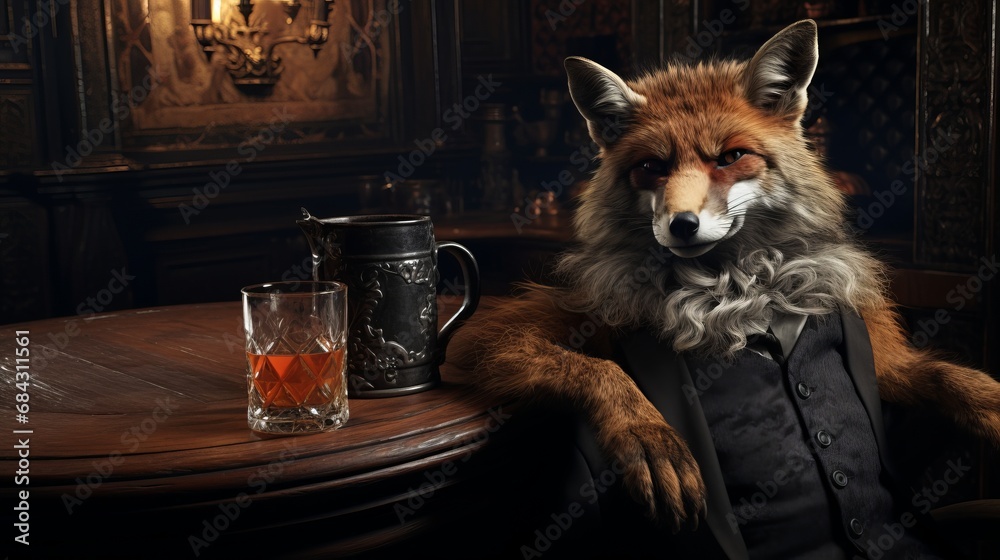 Fototapeta premium Stylish Fox in Vintage Bar, Savoring Whiskey and Immersed in the Melodies of Soft Jazz