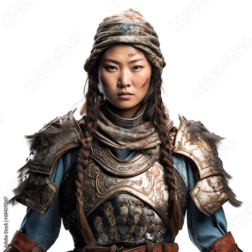 front view mid shot of a female Mongolian warrior isolated on a white transparent background 