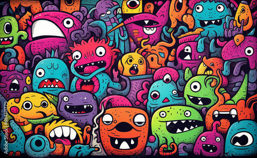 Colorful doodle crowd featuring cute aliens and monsters. Playful shapes, vibrant colors, and creative details to bring the aliens and monsters to life