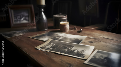 Timeless Memories: Vintage Photographs Spread on a Wooden Table Under the Warm Light of a Table LampAI generativ photo