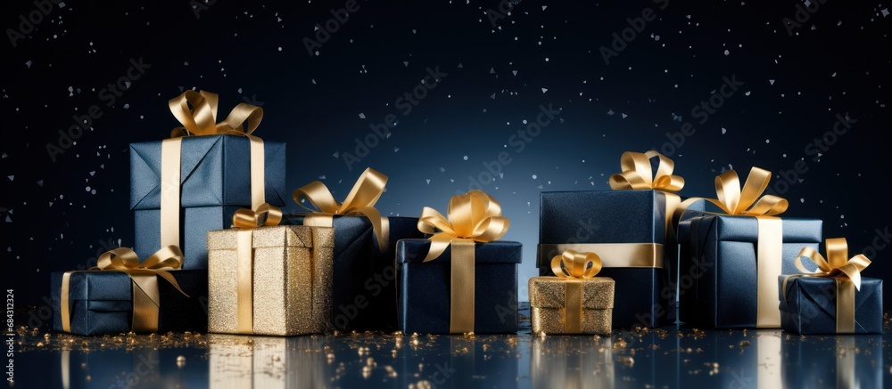 Navy blue Christmas gift box with golden bow ribbon decorations - obrazy, fototapety, plakaty 