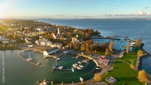 Aerial view of Romanshorn, a town along Lake Constance, Switzerland view at sunset photo