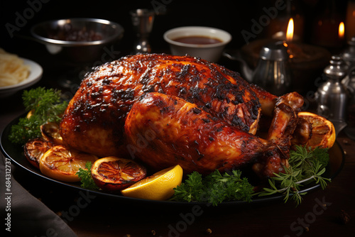 Whole Christmas roast turkey on the holiday table. Generative AI.