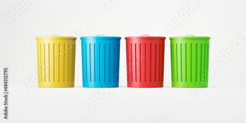 Set of four colored trash cans or containers isolated on a white background. Garbage sorting concept. 3d render