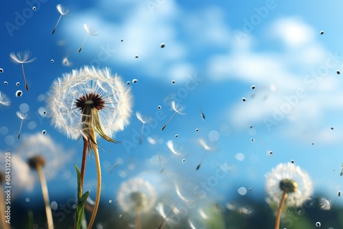 Dandelion seeds gracefully ascending against a backdrop of light blue  characterized by surrealist-fantasy aesthetics and delicate arrangements.