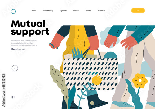 Mutual Support: Helping carry a heavy bag -modern flat vector concept illustration of a woman carrying shopping bag being assisted by man. Metaphor of voluntary, collaborative exchanges of services