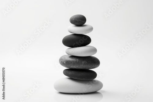 Grey and white pebbles stacked together  soft color tones. Pebbles positioned on top of each other. Minimalist design. Showcased in shades of grey.