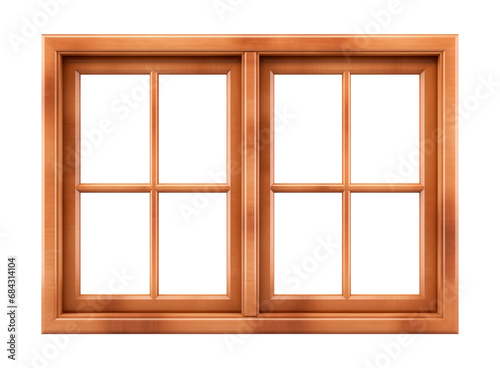 Rectangular  square wooden window. Window with a wooden brown frame. Isolated on a transparent background.