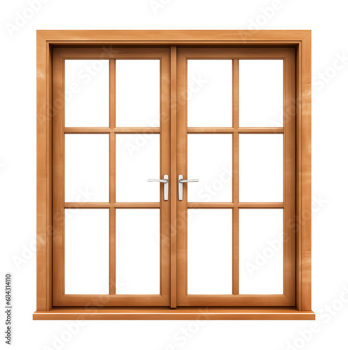 Rectangular, wooden window. Window with a wooden brown frame. Isolated on a transparent background.