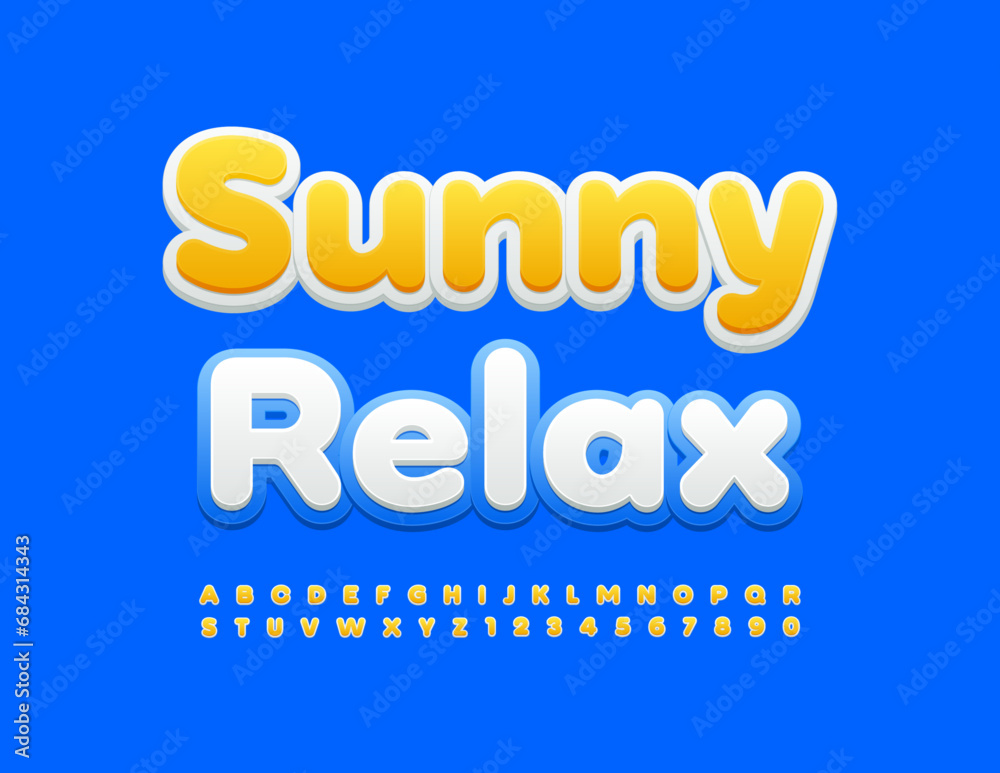 Vector touristic Emblem Sunny Relax. White an Yellow modern Font. Bright Alphabet Letters and Numbers set