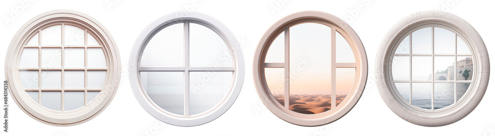 Set/collage of round white windows. White round window overlooking the desert and water. Isolated on a transparent background. - obrazy, fototapety, plakaty 
