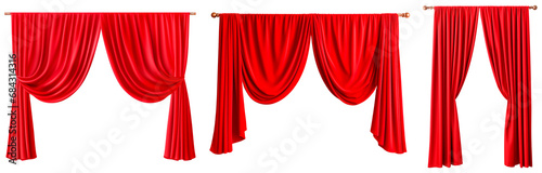 Set/collection of long, velvet, red curtains. Luxurious curtains for decorating a stage in a theater or cinema. Isolated on a transparent background. photo