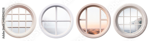 Set/collage of round white windows. White round window overlooking the desert and water. Isolated on a transparent background.