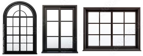 Set/collection of windows with black frame. Rectangular black window. Semicircular black window. Isolated on a transparent background.