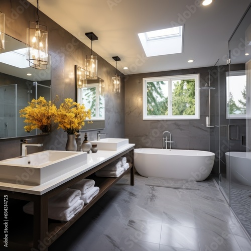 Interior of a modern bathroom with white bathtub and gray tiles.Interior of modern bathroom with gray walls  tiled floor  comfortable white bathtub and round mirrors above it.  