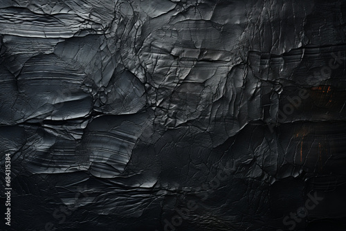 Dark textile background with intricate textures. Crumpled surface reminiscent of paper folds, imitating the appearance of black leather.