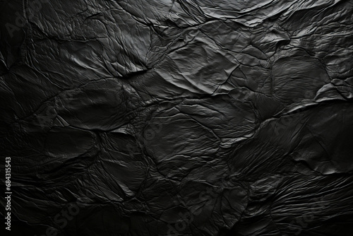 Woven black material with a textured finish. Creased surface reminiscent of crumpled paper. Polished leather-like texture.