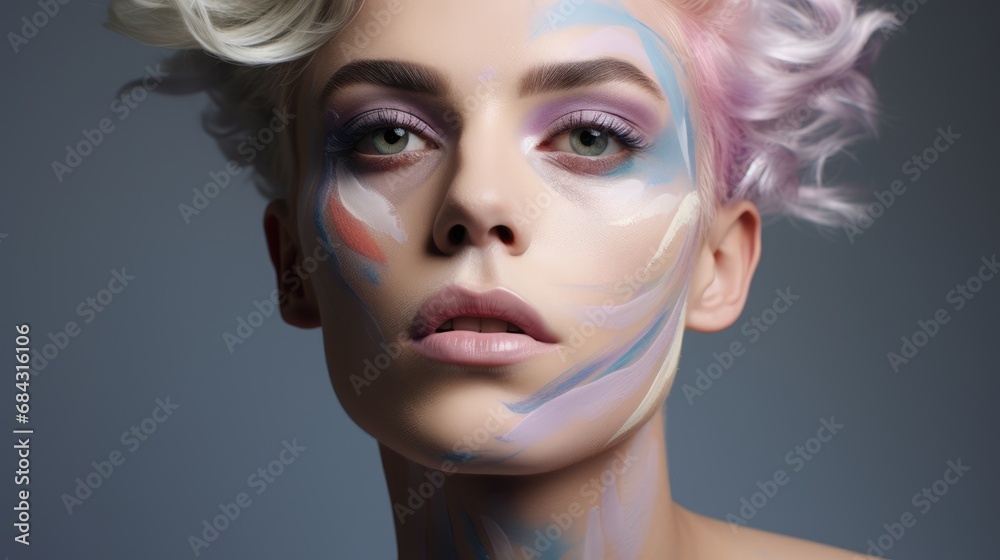 Portrait of young gender fluid non binary person wearing make up. Beauty and cosmetics background