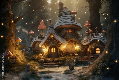 Cute house of a fairy-tale gnome in the forest. Beautiful fly agaric and other mushrooms. Winter forest.